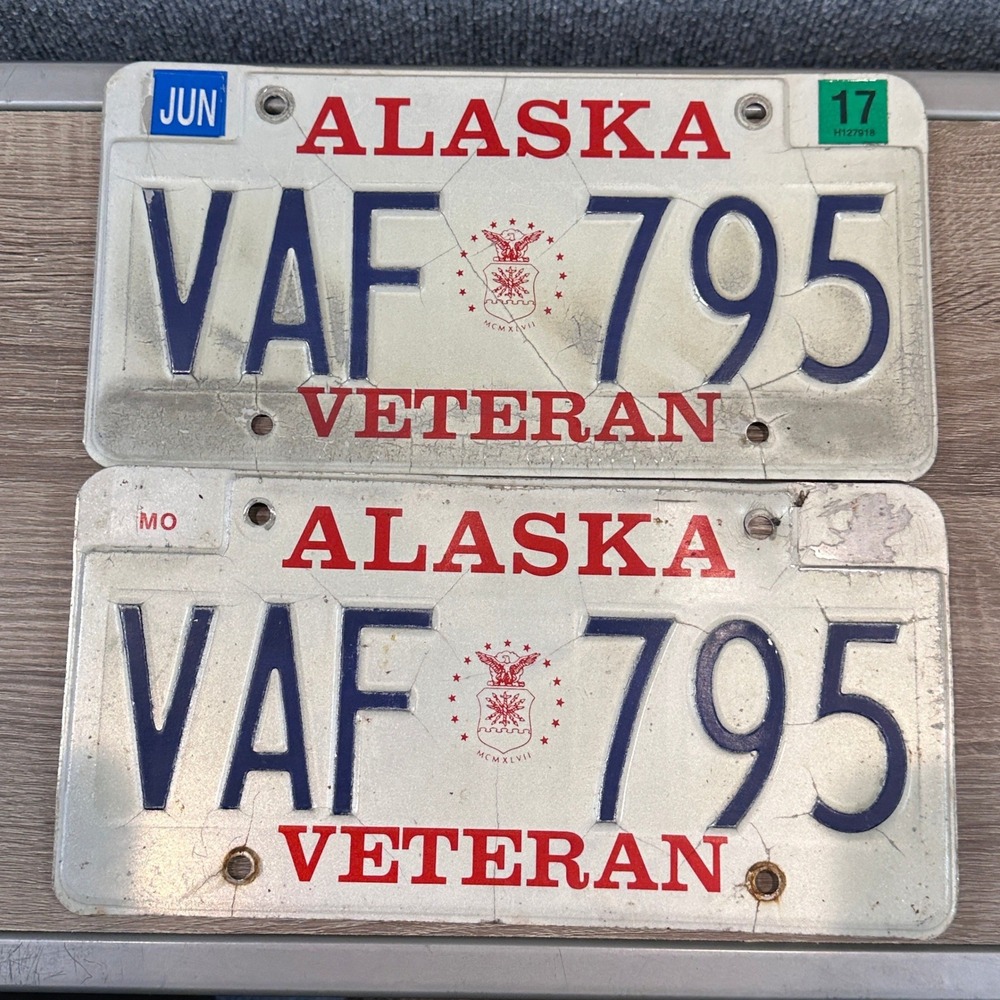 License Plate Alaska Veteran VAF 795 Pair Red White Blue Collectible Decor Vtg